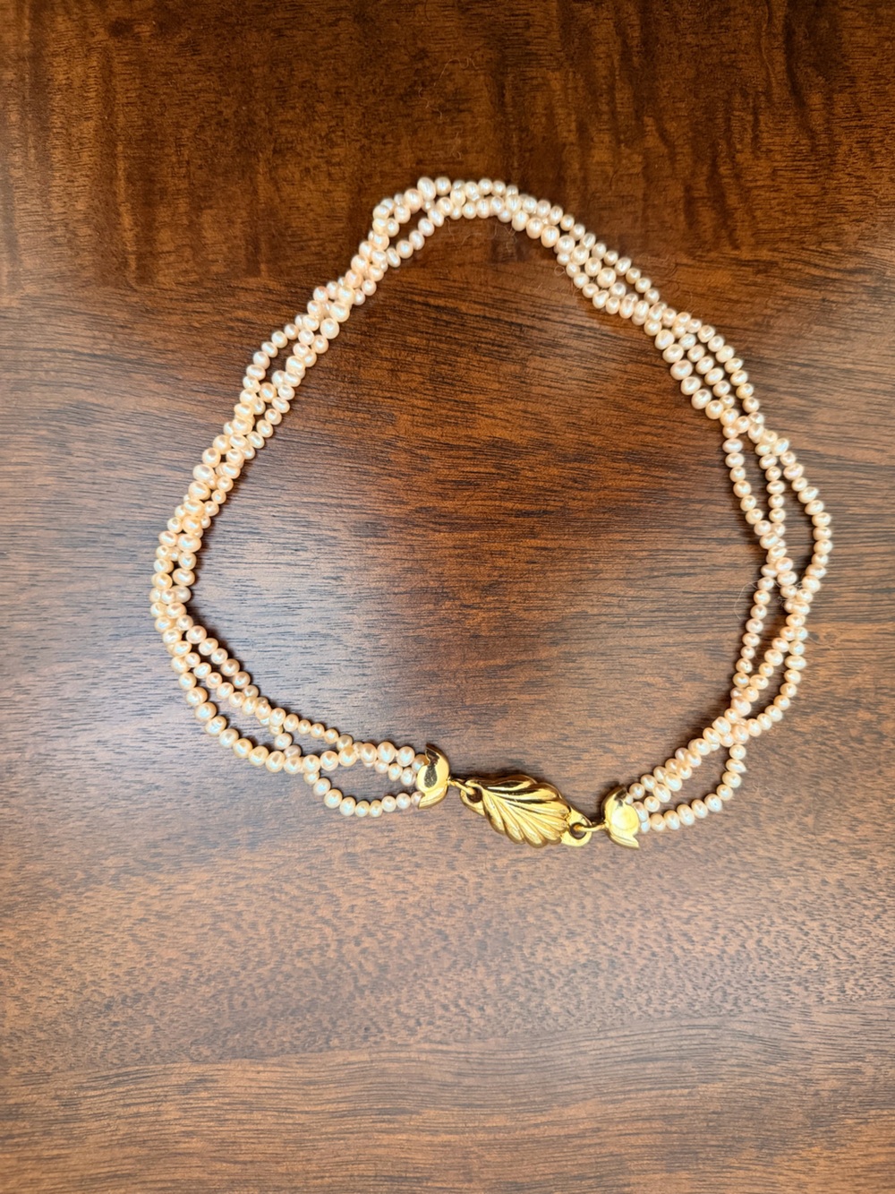 Source Unknown Pink Pearl Three-Strand Necklace with Gold Leaf Clasp